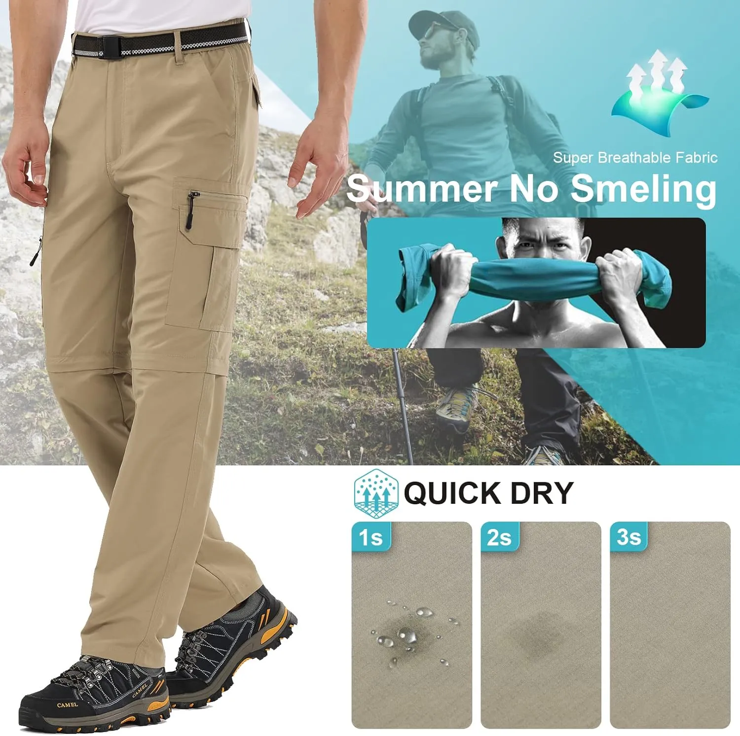 Mens Hiking Pants Convertible Zip Off Lightweight Quick Dry Fishing Safari Camping Travel boy Scout Pants