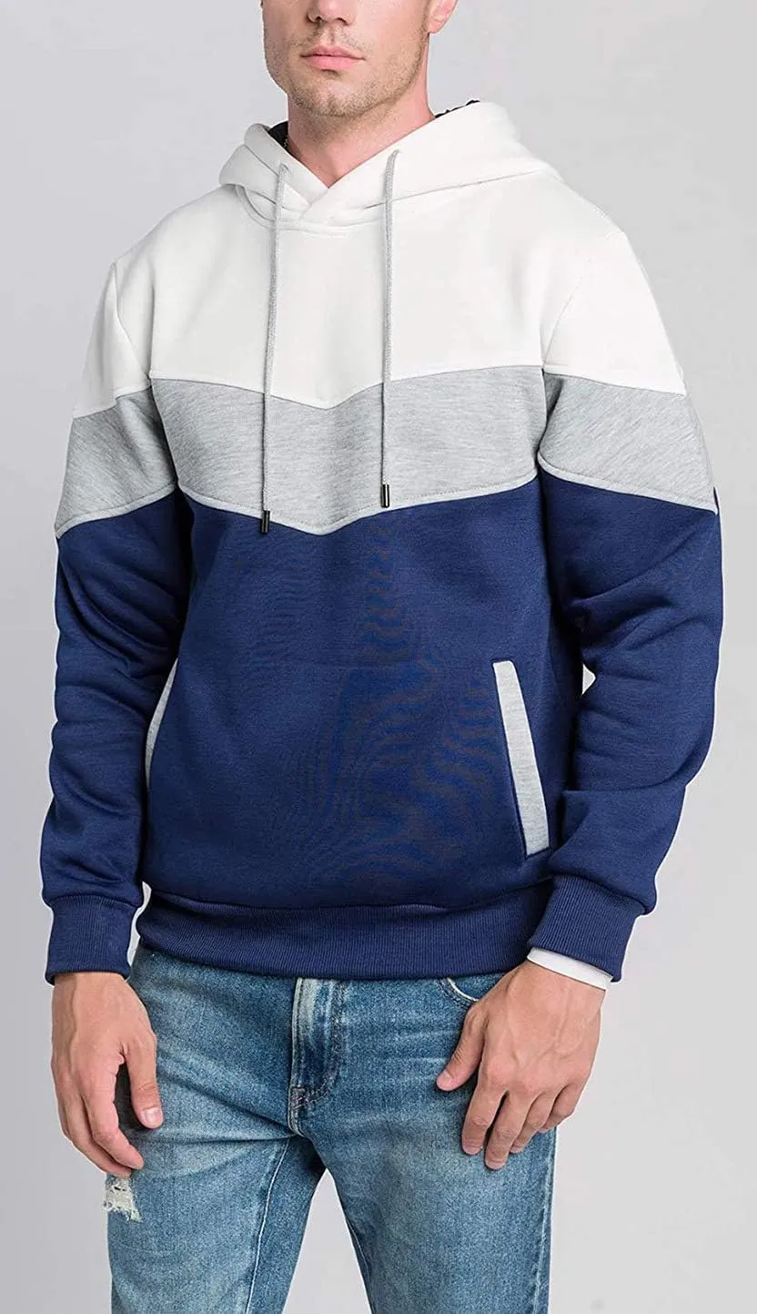 Mens Hoodies Pullover Color Block Fleece Long Sleeve Sweatshirt Tops with Pocket