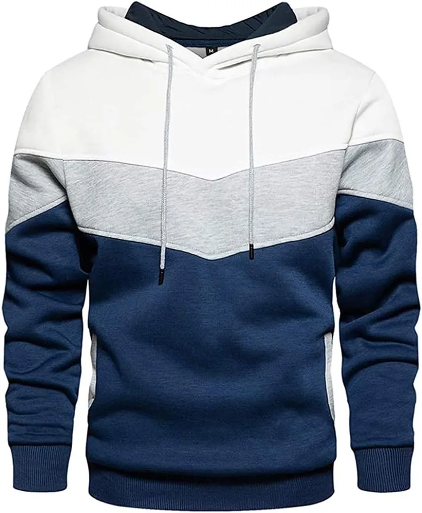 Mens Hoodies Pullover Color Block Fleece Long Sleeve Sweatshirt Tops with Pocket