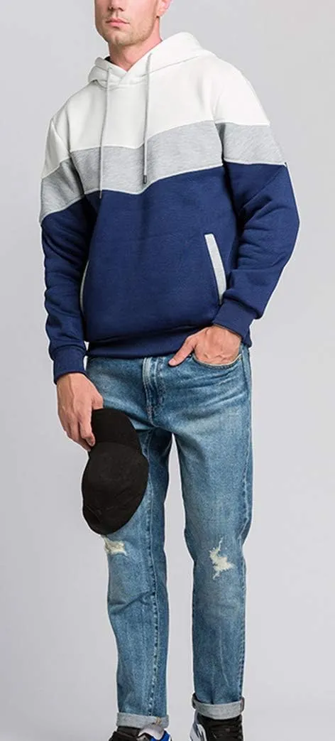 Mens Hoodies Pullover Color Block Fleece Long Sleeve Sweatshirt Tops with Pocket