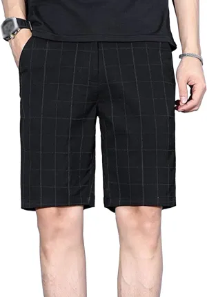 Men's Linen Flat Front Casual Shorts Elastic Waist Drawstring Beach Trunk Slim Fit Stretch Chino Short Pants