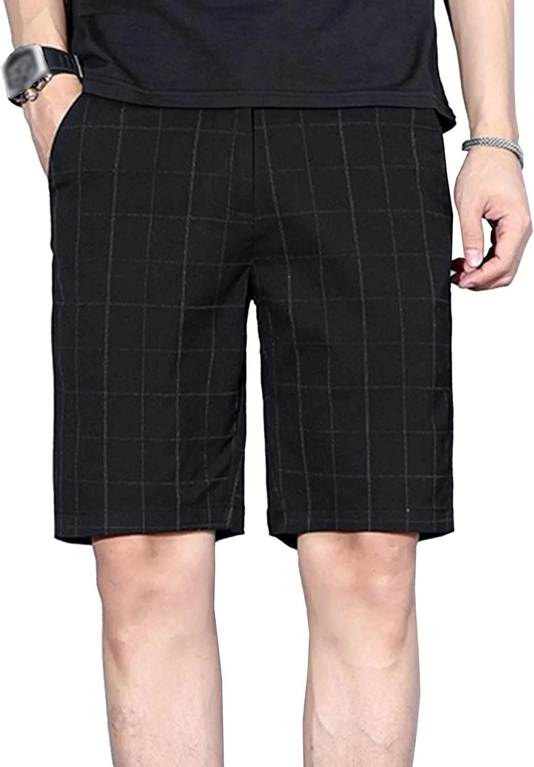Men's Linen Flat Front Casual Shorts Elastic Waist Drawstring Beach Trunk Slim Fit Stretch Chino Short Pants
