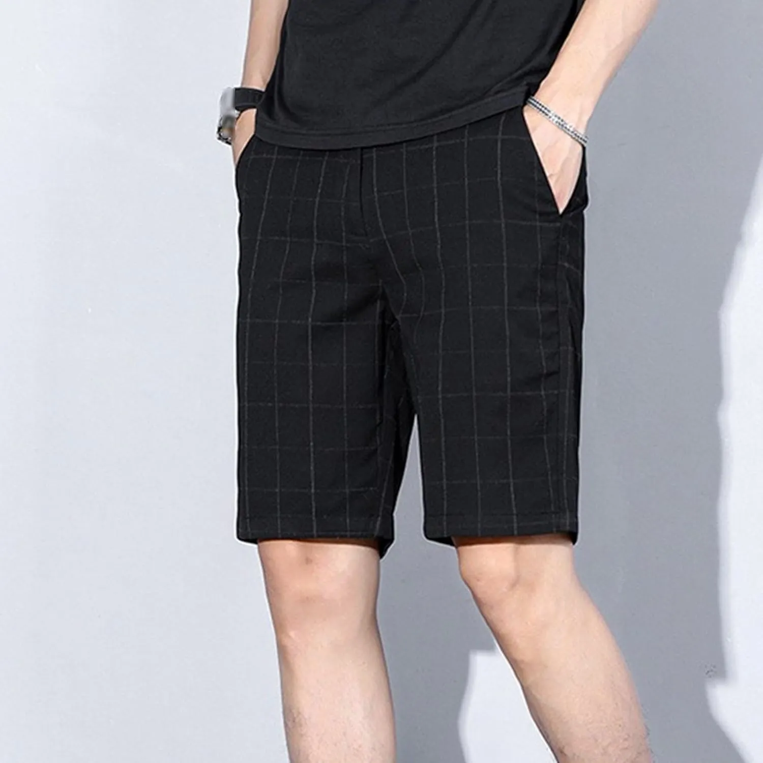 Men's Linen Flat Front Casual Shorts Elastic Waist Drawstring Beach Trunk Slim Fit Stretch Chino Short Pants
