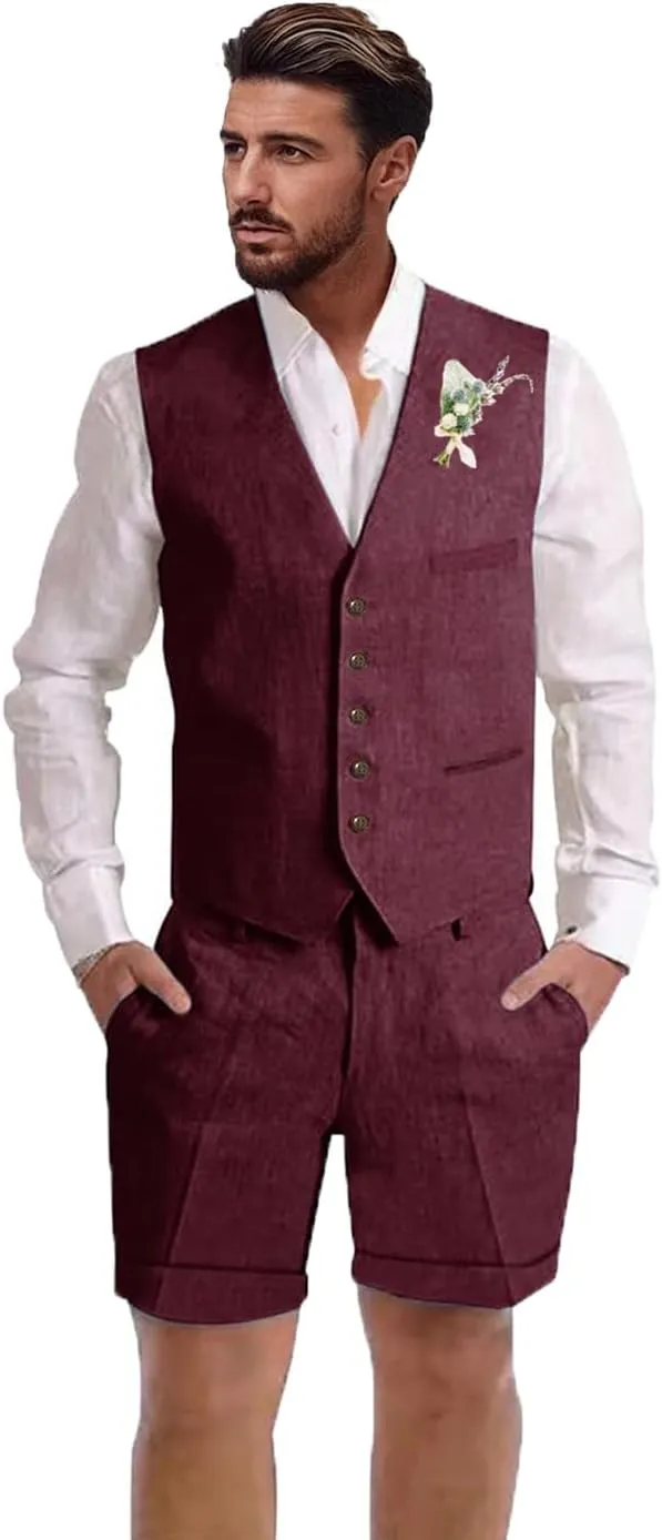 Mens Linen Suit 2 Piece Short Suits for Men Casual Summer Beach Wedding Suit Linen Vest Shorts Set