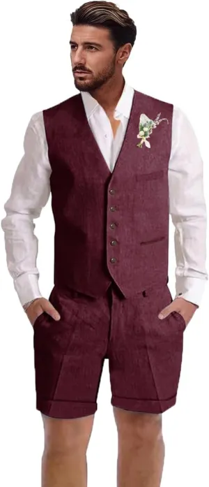 Mens Linen Suit 2 Piece Short Suits for Men Casual Summer Beach Wedding Suit Linen Vest Shorts Set