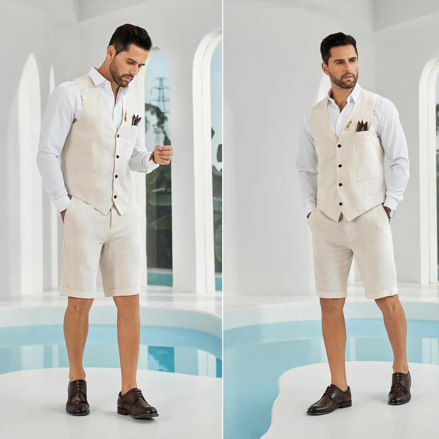 Mens Linen Suit 2 Piece Short Suits for Men Casual Summer Beach Wedding Suit Linen Vest Shorts Set