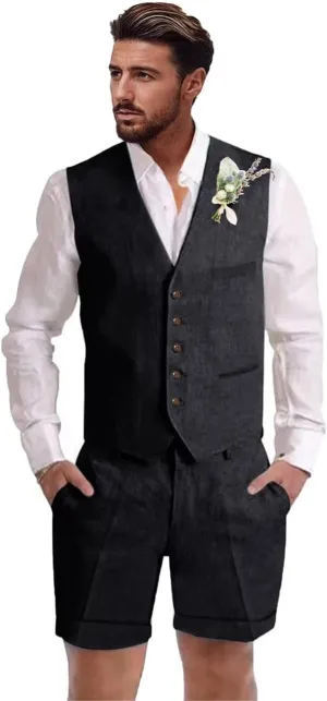 Mens Linen Suit 2 Piece Short Suits for Men Casual Summer Beach Wedding Suit Linen Vest Shorts Set