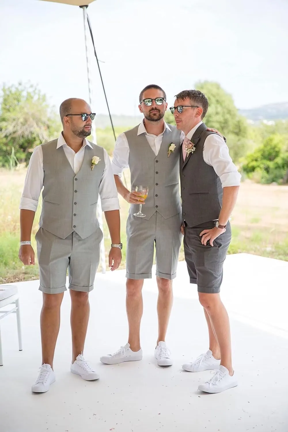 Mens Linen Suit 2 Piece Short Suits for Men Casual Summer Beach Wedding Suit Linen Vest Shorts Set