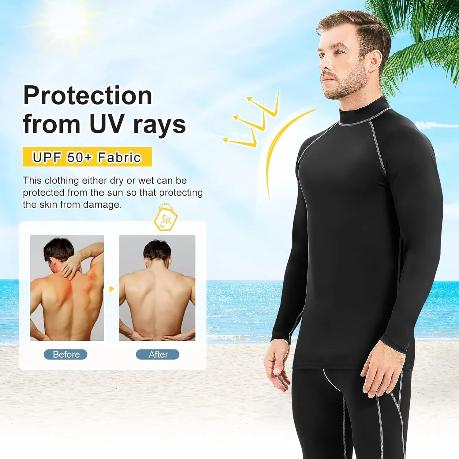 Mens Long Sleeve Rash Guard UPF 50  Sun Shirts Outdoor Fishing Hiking Swimming Running Tops for Men