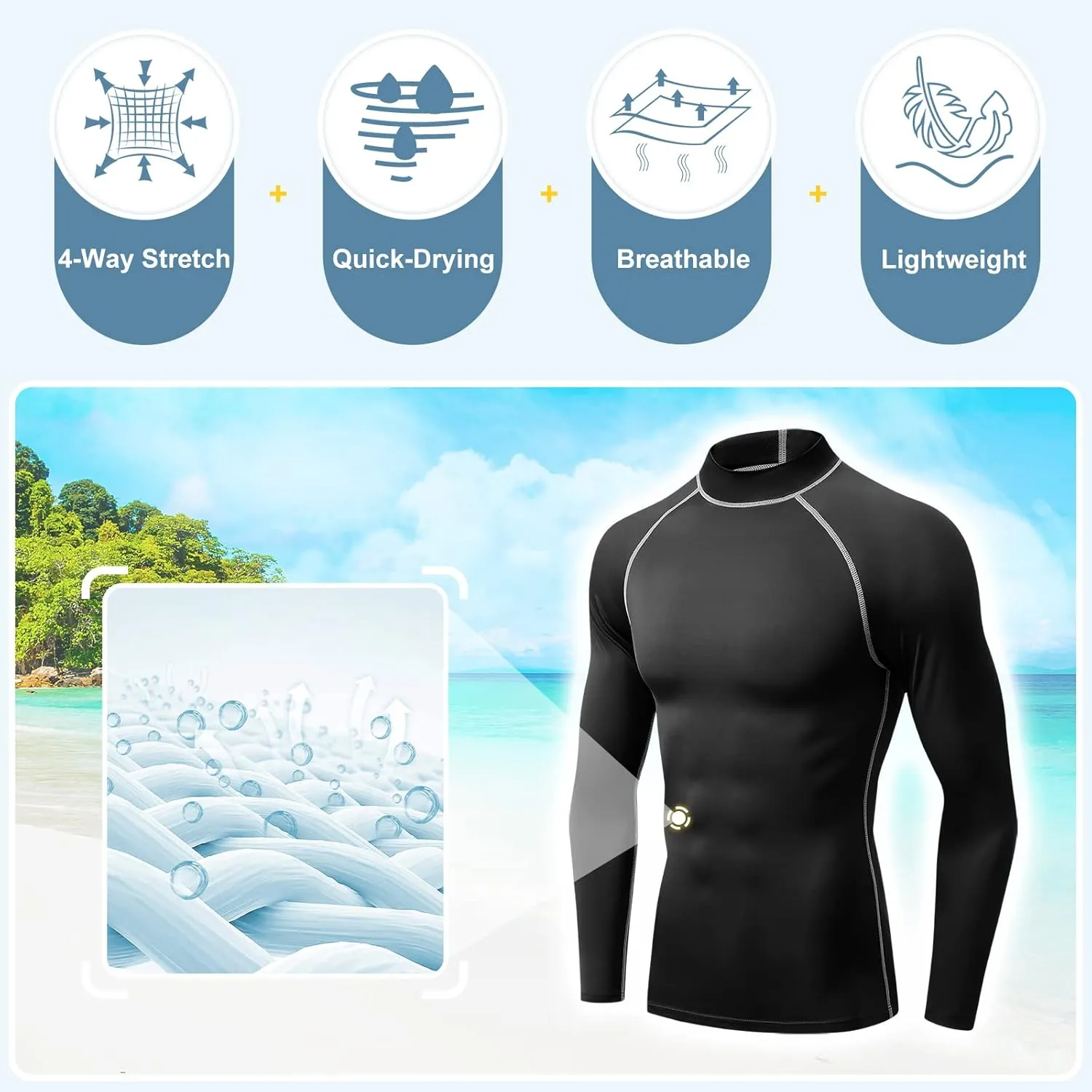 Mens Long Sleeve Rash Guard UPF 50  Sun Shirts Outdoor Fishing Hiking Swimming Running Tops for Men