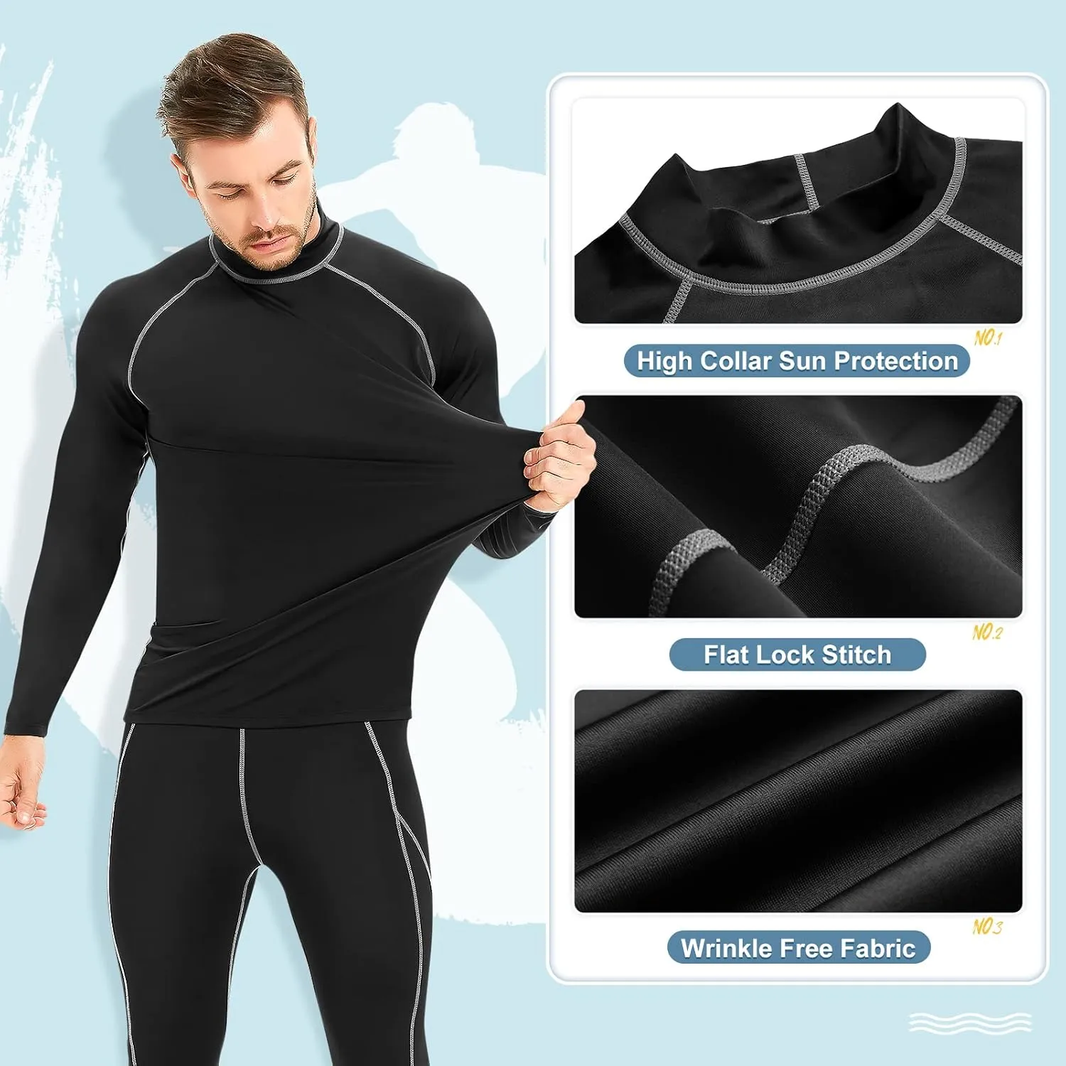 Mens Long Sleeve Rash Guard UPF 50  Sun Shirts Outdoor Fishing Hiking Swimming Running Tops for Men