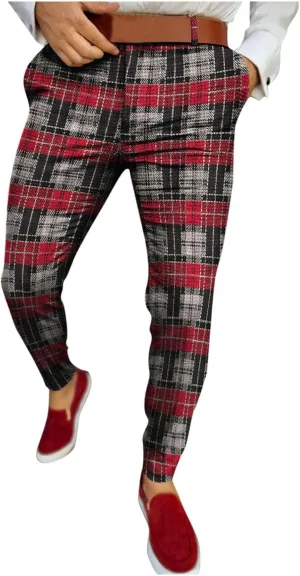 Men's Striped Dress Pants Slim Fit Stretch Checks Pattern Chino Business Trousers Plaid Slant Pocket Tapered Pants S-3XL