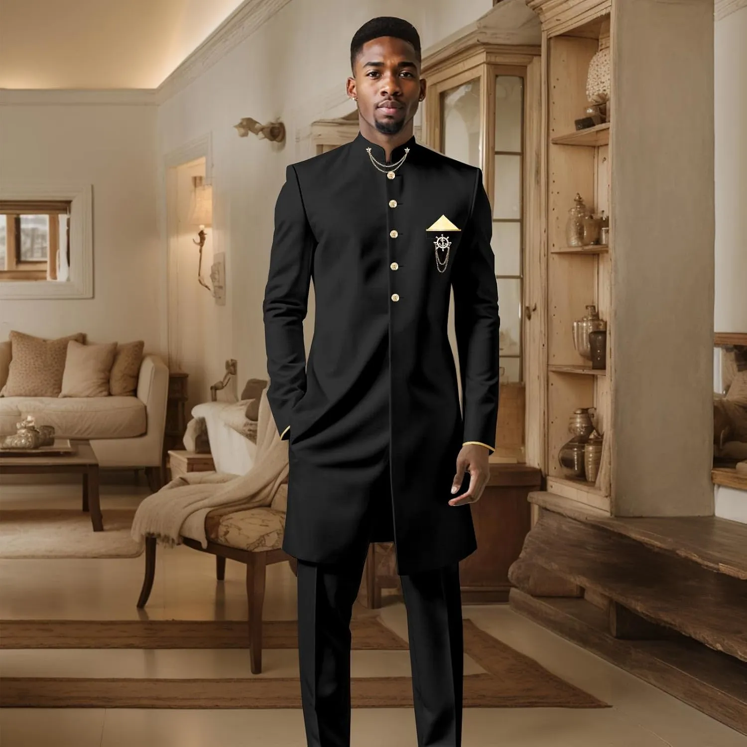 Men`s Suit African Clothing Dashiki Embroidery Chain Single Breasted Shirt and Pants 2 Piece Set Outfits