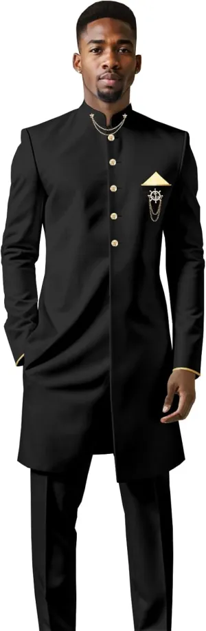 Men`s Suit African Clothing Dashiki Embroidery Chain Single Breasted Shirt and Pants 2 Piece Set Outfits