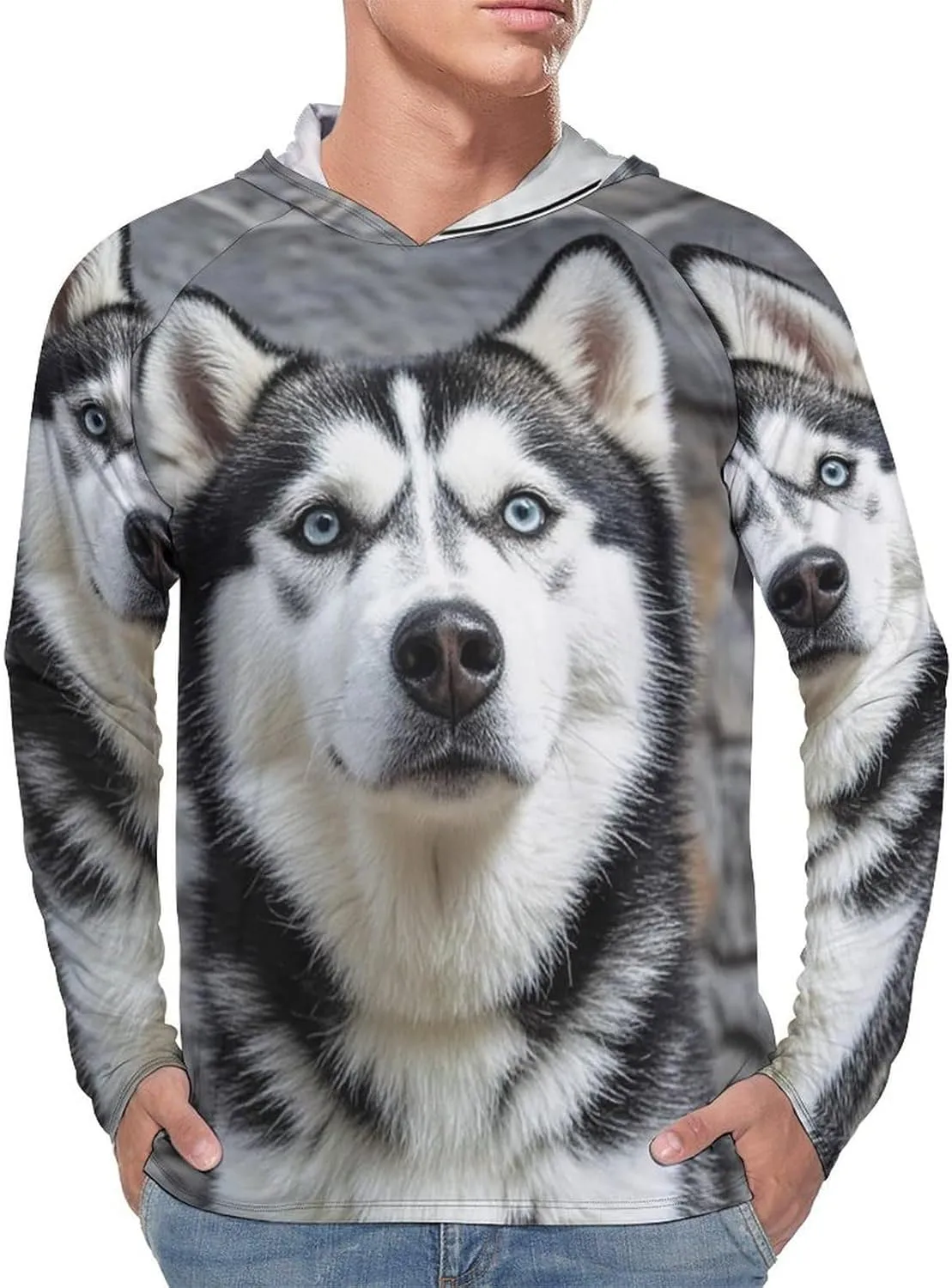 Men's UPF 50  Sun Protection Hoodie Outdoor UV Shirts Husky Dog Long Sleeve Quick Dry Fishing Hiking Shirt