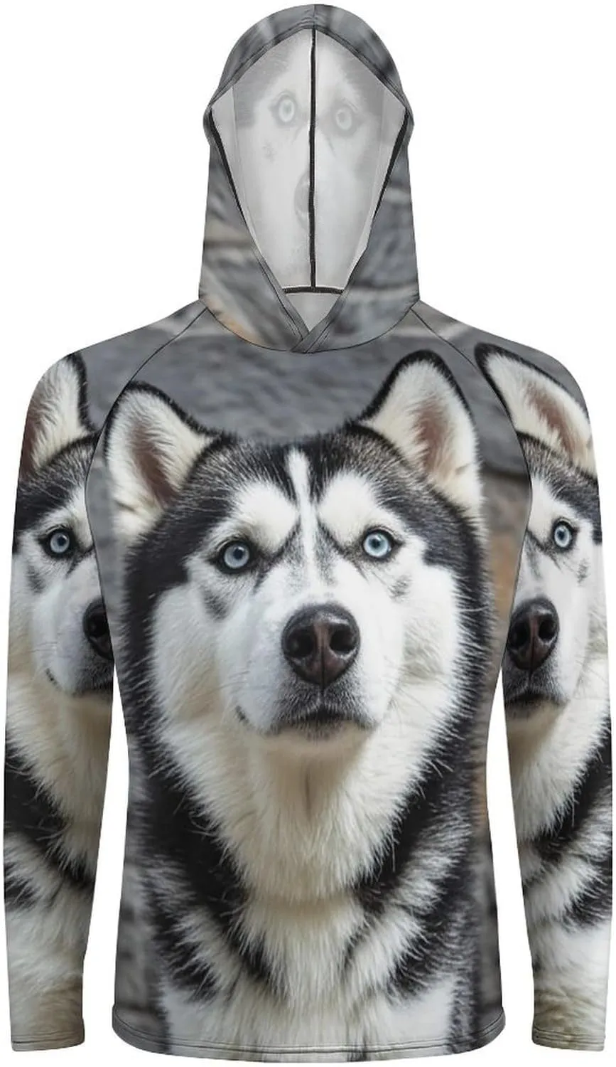 Men's UPF 50  Sun Protection Hoodie Outdoor UV Shirts Husky Dog Long Sleeve Quick Dry Fishing Hiking Shirt
