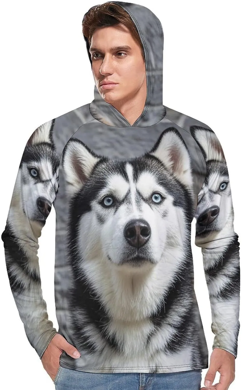 Men's UPF 50  Sun Protection Hoodie Outdoor UV Shirts Husky Dog Long Sleeve Quick Dry Fishing Hiking Shirt