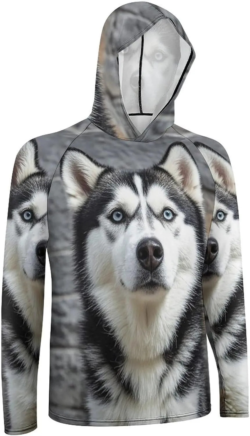 Men's UPF 50  Sun Protection Hoodie Outdoor UV Shirts Husky Dog Long Sleeve Quick Dry Fishing Hiking Shirt