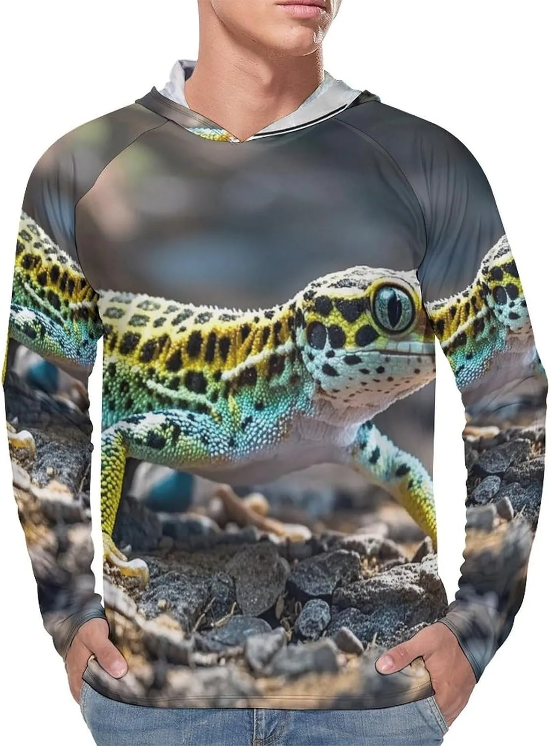 Men's UPF 50  Sun Protection Hoodie Outdoor UV Shirts Leopard Little Gecko Long Sleeve Quick Dry Fishing Hiking Shirt