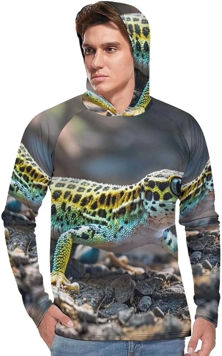 Men's UPF 50  Sun Protection Hoodie Outdoor UV Shirts Leopard Little Gecko Long Sleeve Quick Dry Fishing Hiking Shirt