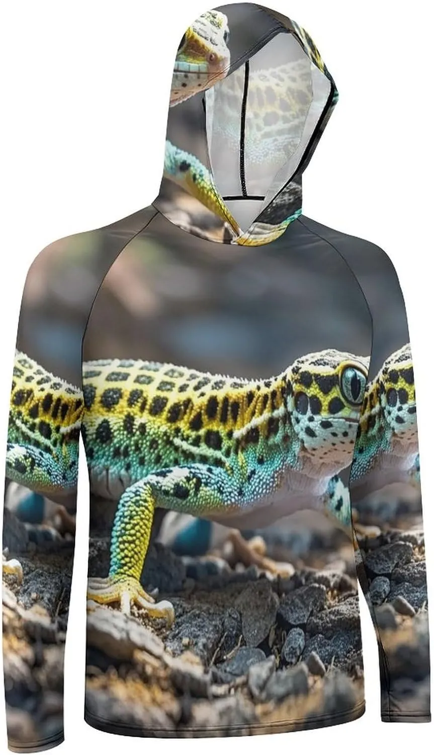 Men's UPF 50  Sun Protection Hoodie Outdoor UV Shirts Leopard Little Gecko Long Sleeve Quick Dry Fishing Hiking Shirt