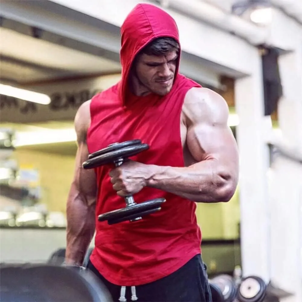 Men's Workout Hooded Tank Tops Sports Training Sleeveless Gym Hoodies Fitness Bodybuilding Cut Off Muscle Shirts