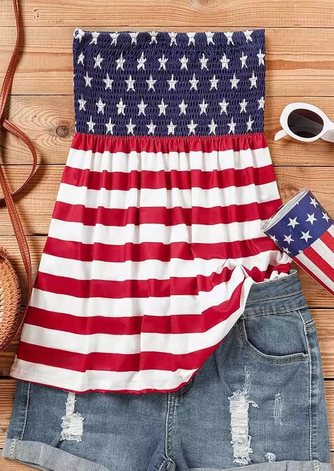 MHTOR American Flag Smocked Strapless Bandeau Tank Women 4th of July Sleeveless Casual Pleated Flowy Crop Tunic Blouses