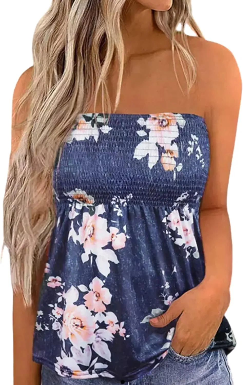 MHTOR American Flag Smocked Strapless Bandeau Tank Women 4th of July Sleeveless Casual Pleated Flowy Crop Tunic Blouses