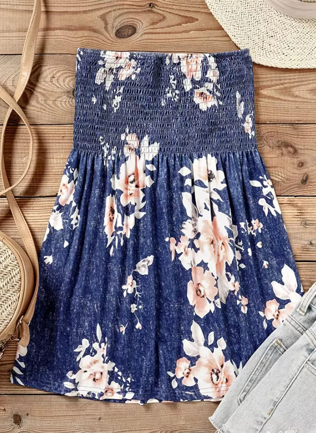 MHTOR American Flag Smocked Strapless Bandeau Tank Women 4th of July Sleeveless Casual Pleated Flowy Crop Tunic Blouses