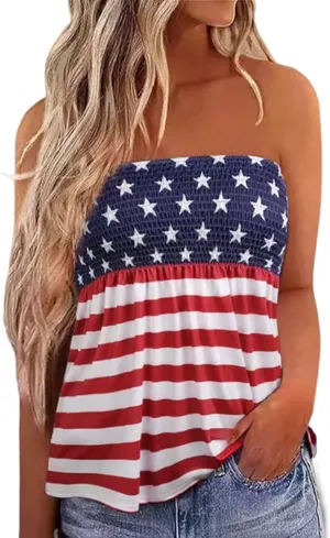 MHTOR American Flag Smocked Strapless Bandeau Tank Women 4th of July Sleeveless Casual Pleated Flowy Crop Tunic Blouses