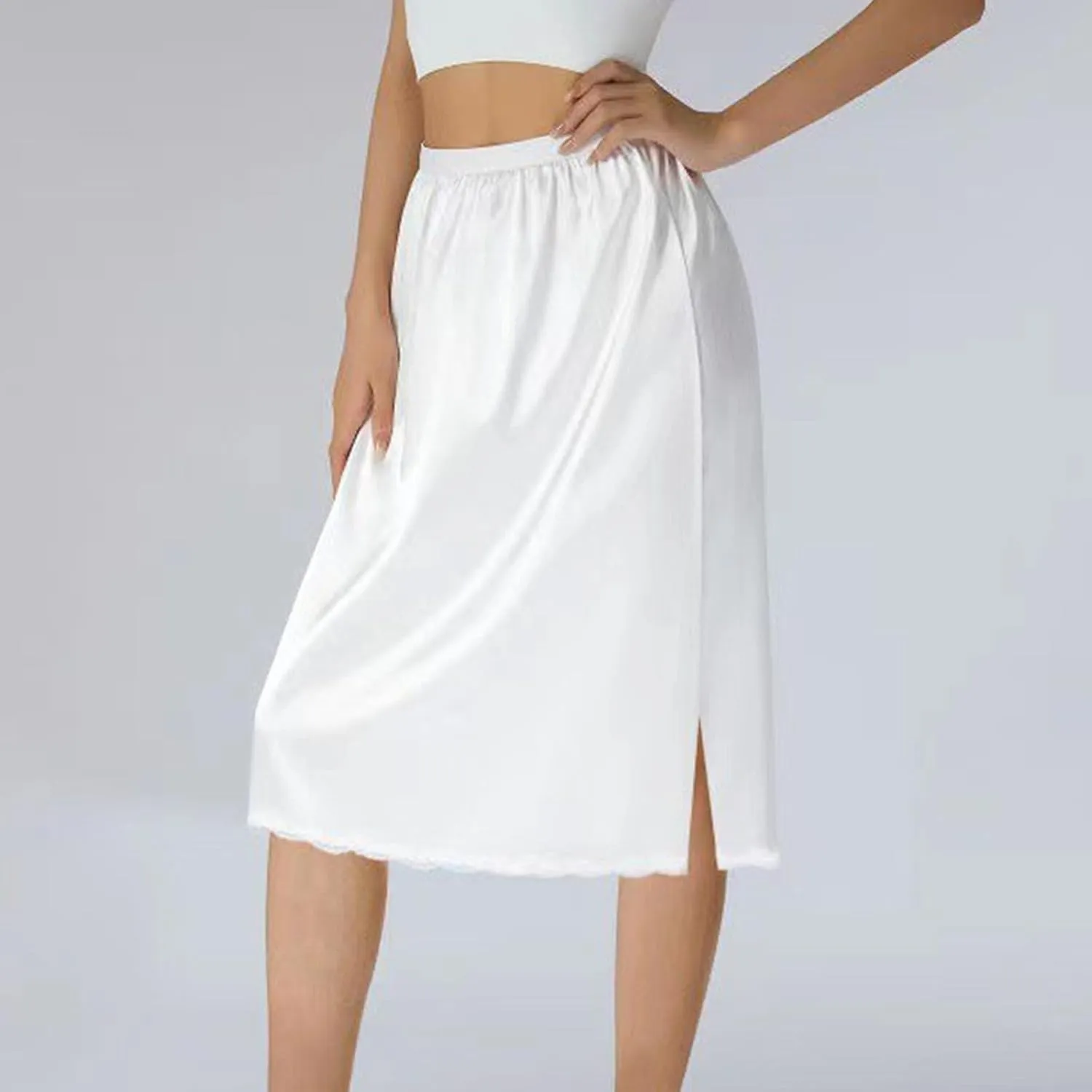 Midi Skirt Women Knee LengthSplit Slit Hem, Half Slips Underskirts with Lace Long Slips for Dresses Lingerie Skirt