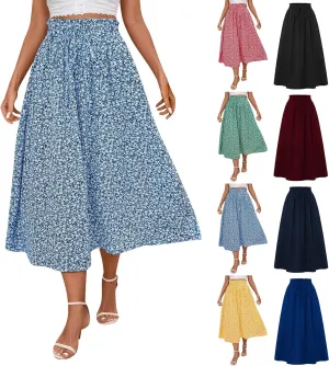 Midi Skirts for Women Trendy Casual Summer Lightweight Linen Skirt Drawstring High Waisted Flowy Skirt with Pockets