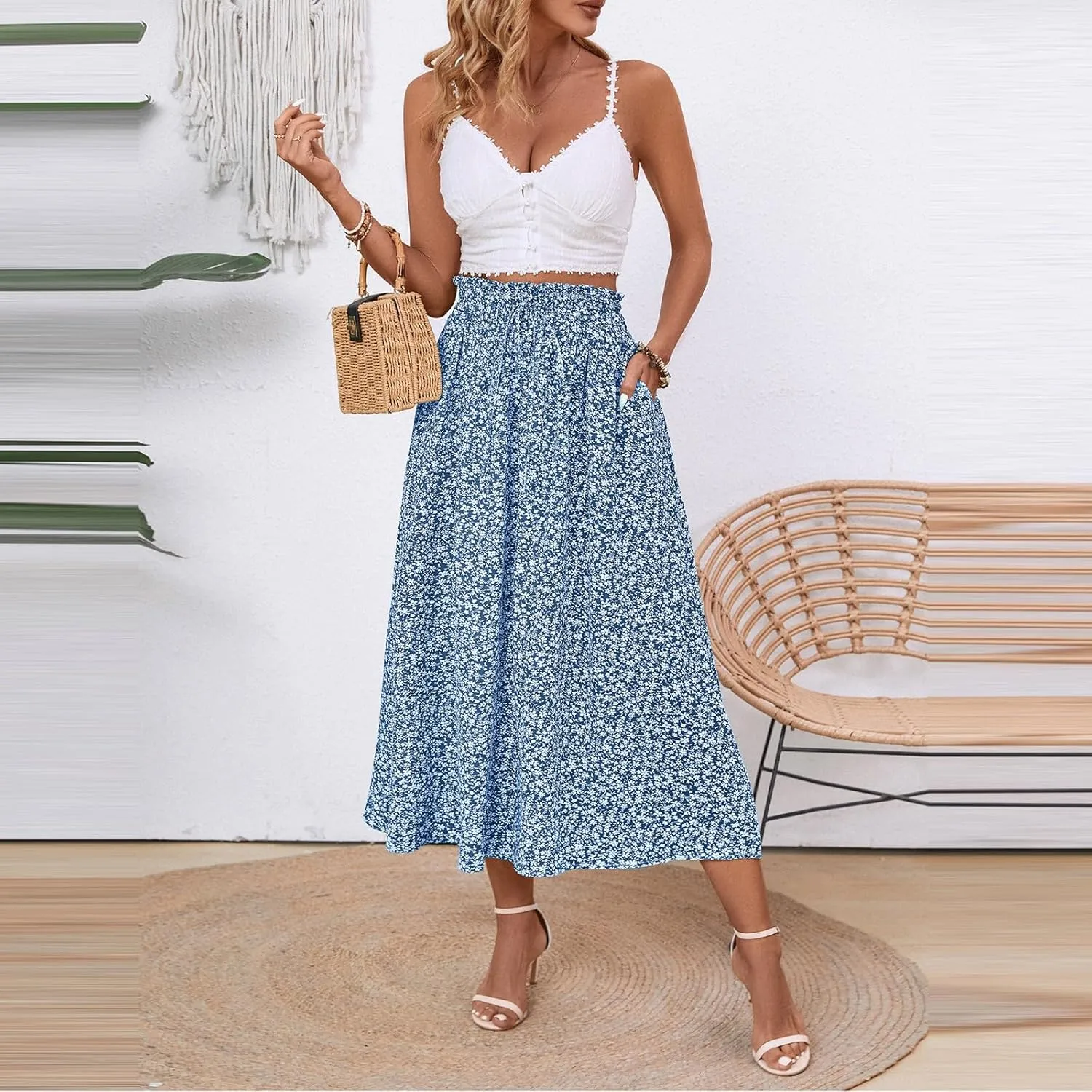 Midi Skirts for Women Trendy Casual Summer Lightweight Linen Skirt Drawstring High Waisted Flowy Skirt with Pockets