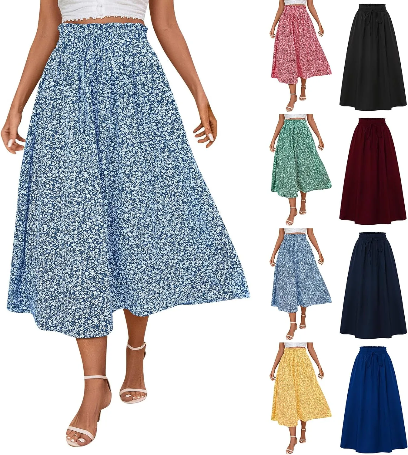 Midi Skirts for Women Trendy Casual Summer Lightweight Linen Skirt Drawstring High Waisted Flowy Skirt with Pockets
