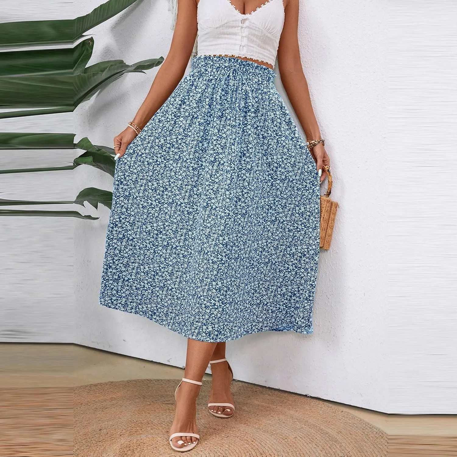 Midi Skirts for Women Trendy Casual Summer Lightweight Linen Skirt Drawstring High Waisted Flowy Skirt with Pockets