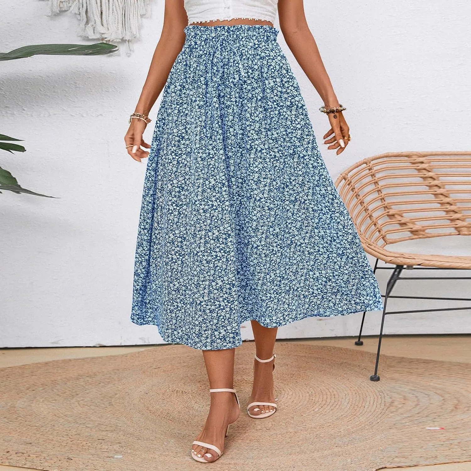 Midi Skirts for Women Trendy Casual Summer Lightweight Linen Skirt Drawstring High Waisted Flowy Skirt with Pockets