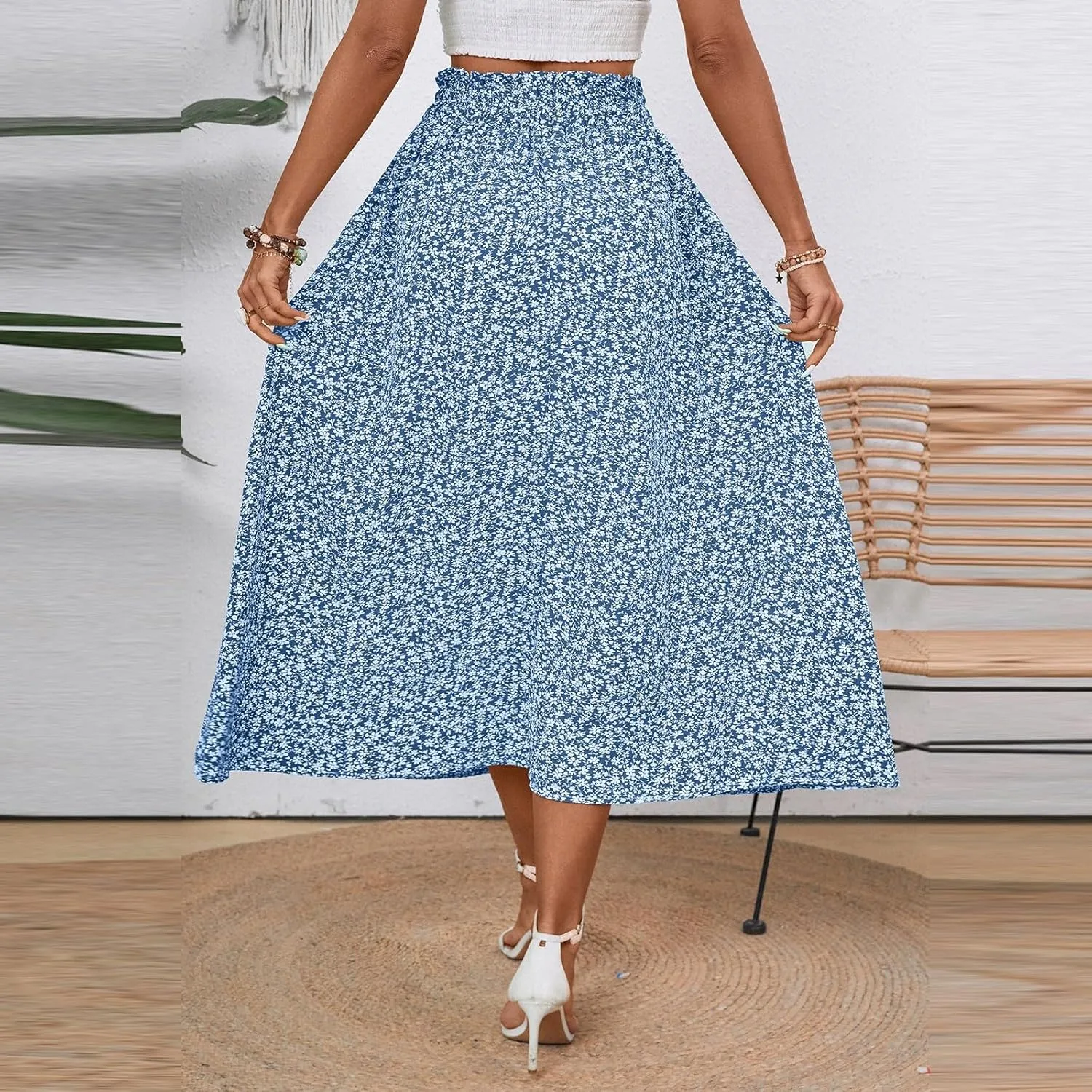 Midi Skirts for Women Trendy Casual Summer Lightweight Linen Skirt Drawstring High Waisted Flowy Skirt with Pockets