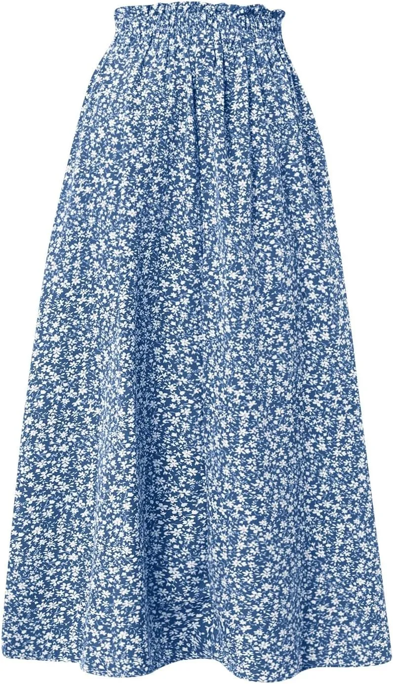 Midi Skirts for Women Trendy Casual Summer Lightweight Linen Skirt Drawstring High Waisted Flowy Skirt with Pockets