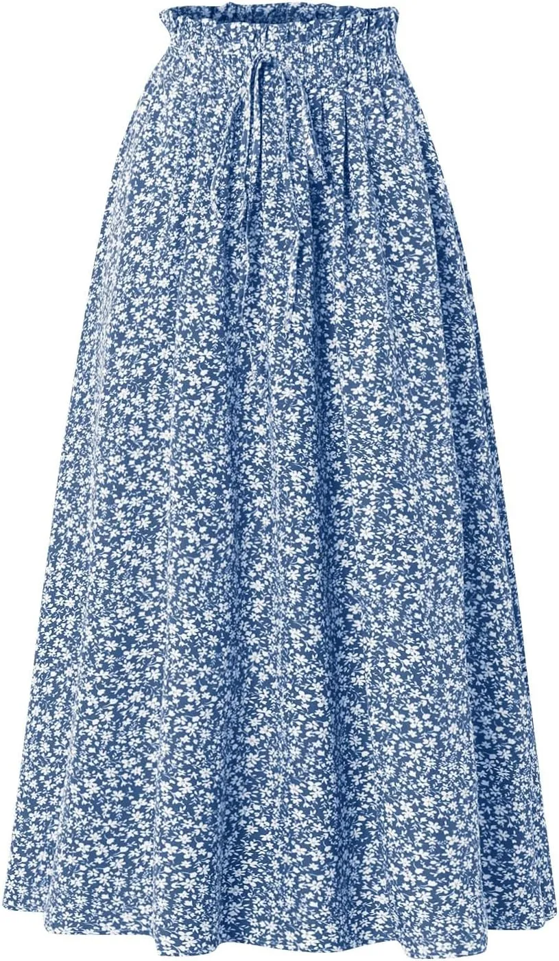 Midi Skirts for Women Trendy Casual Summer Lightweight Linen Skirt Drawstring High Waisted Flowy Skirt with Pockets