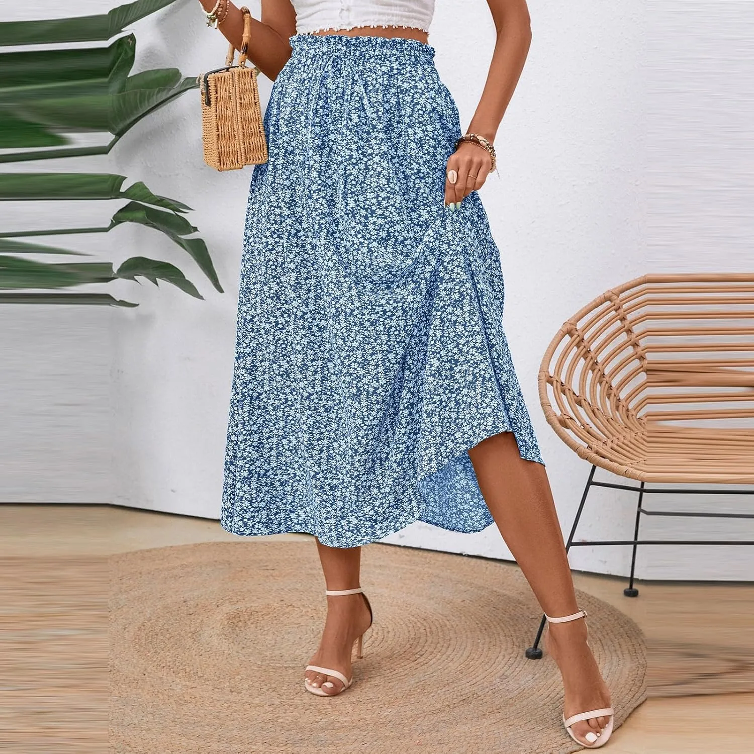 Midi Skirts for Women Trendy Casual Summer Lightweight Linen Skirt Drawstring High Waisted Flowy Skirt with Pockets