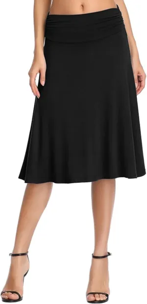Midi Skirts for Women Women's Ruched High Waist Knee Length A Line Stretchy Flared Casual Skirt