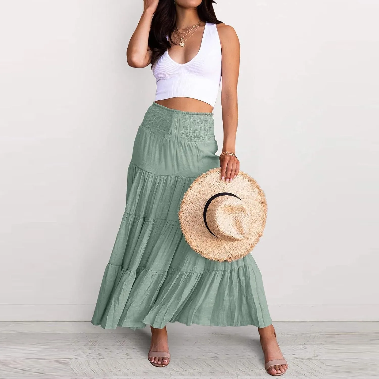 Midi Skirts Womens Boho Elastic High Waist Pleated A-Line Flowy Swing Asymmetric Tiered Maxi Long Skirt Dress