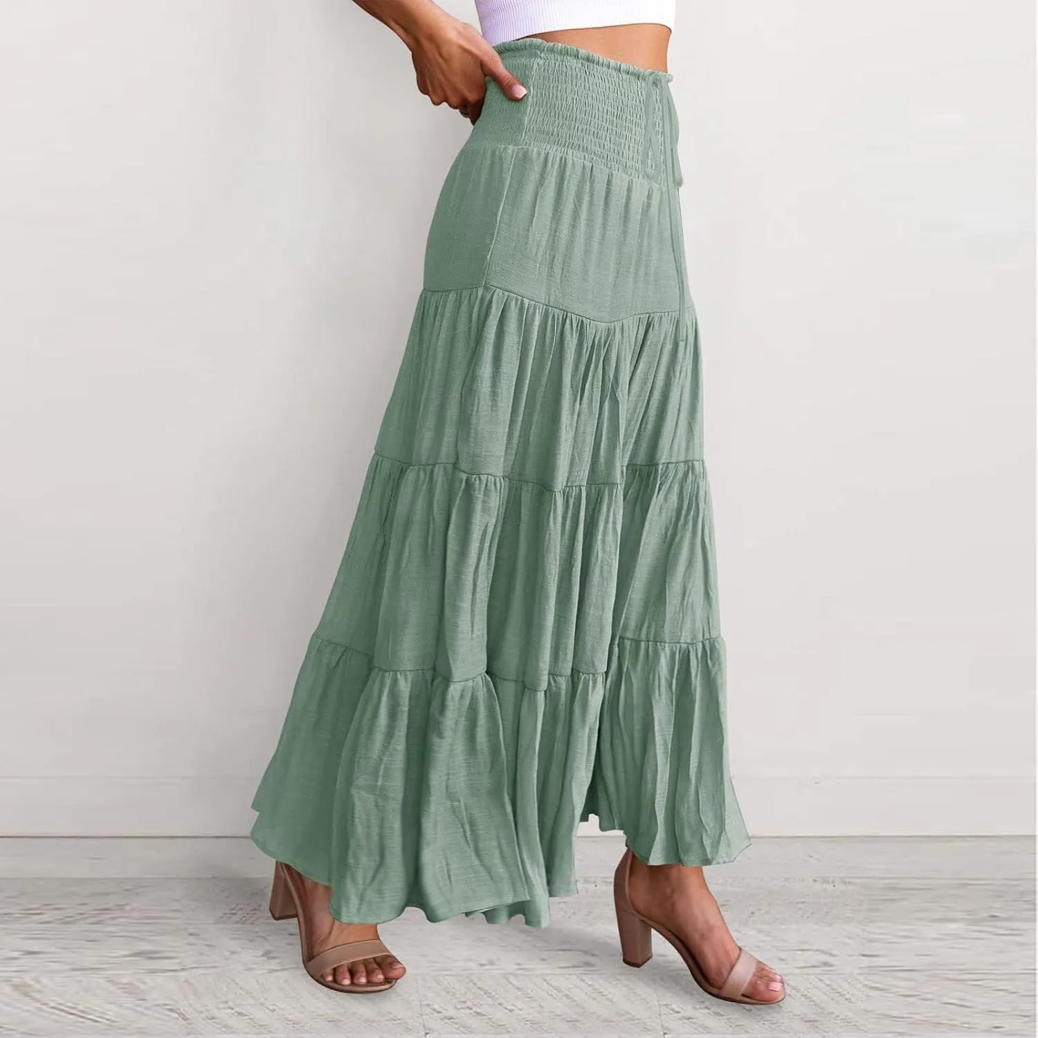 Midi Skirts Womens Boho Elastic High Waist Pleated A-Line Flowy Swing Asymmetric Tiered Maxi Long Skirt Dress