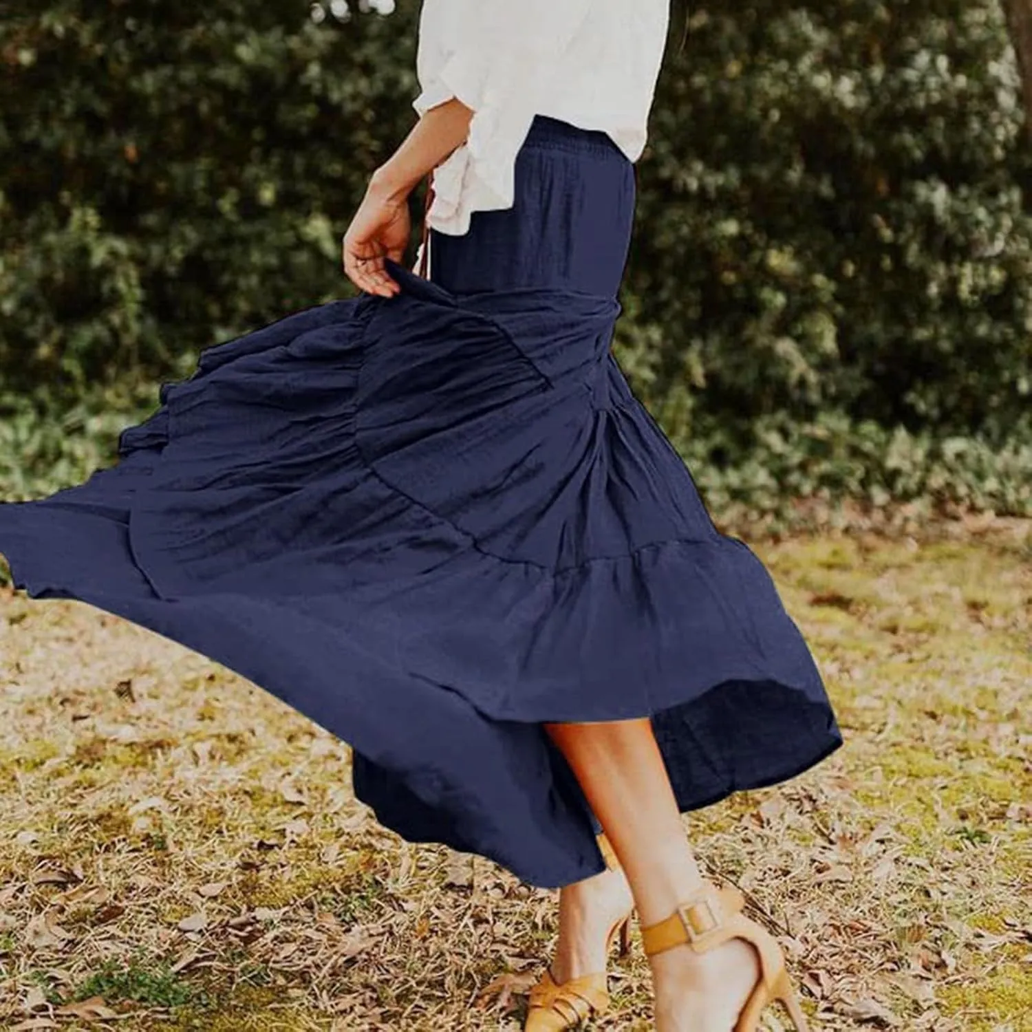 Midi Skirts Womens Boho Elastic High Waist Pleated A-Line Flowy Swing Asymmetric Tiered Maxi Long Skirt Dress