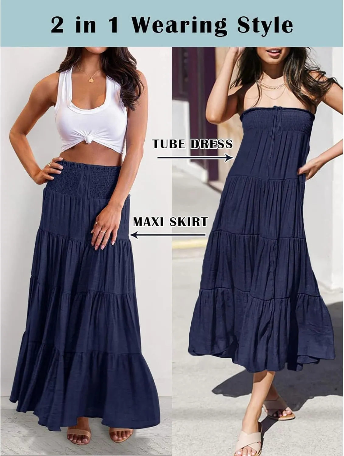 Midi Skirts Womens Boho Elastic High Waist Pleated A-Line Flowy Swing Asymmetric Tiered Maxi Long Skirt Dress