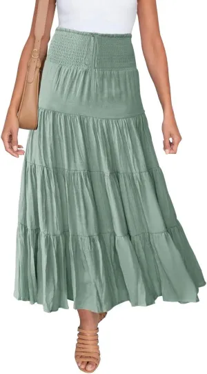Midi Skirts Womens Boho Elastic High Waist Pleated A-Line Flowy Swing Asymmetric Tiered Maxi Long Skirt Dress
