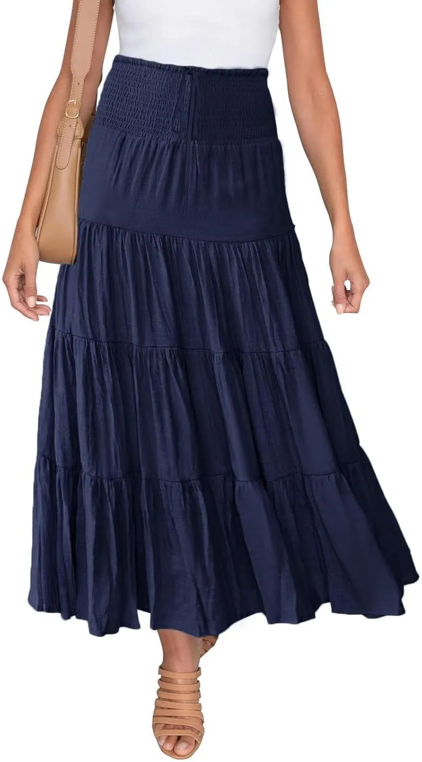 Midi Skirts Womens Boho Elastic High Waist Pleated A-Line Flowy Swing Asymmetric Tiered Maxi Long Skirt Dress