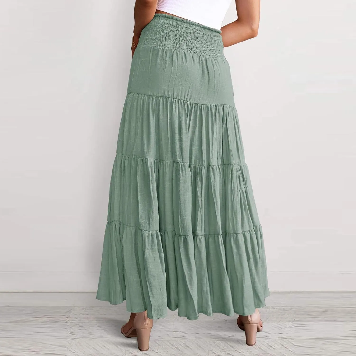 Midi Skirts Womens Boho Elastic High Waist Pleated A-Line Flowy Swing Asymmetric Tiered Maxi Long Skirt Dress