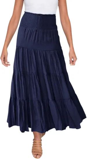Midi Skirts Womens Boho Elastic High Waist Pleated A-Line Flowy Swing Asymmetric Tiered Maxi Long Skirt Dress