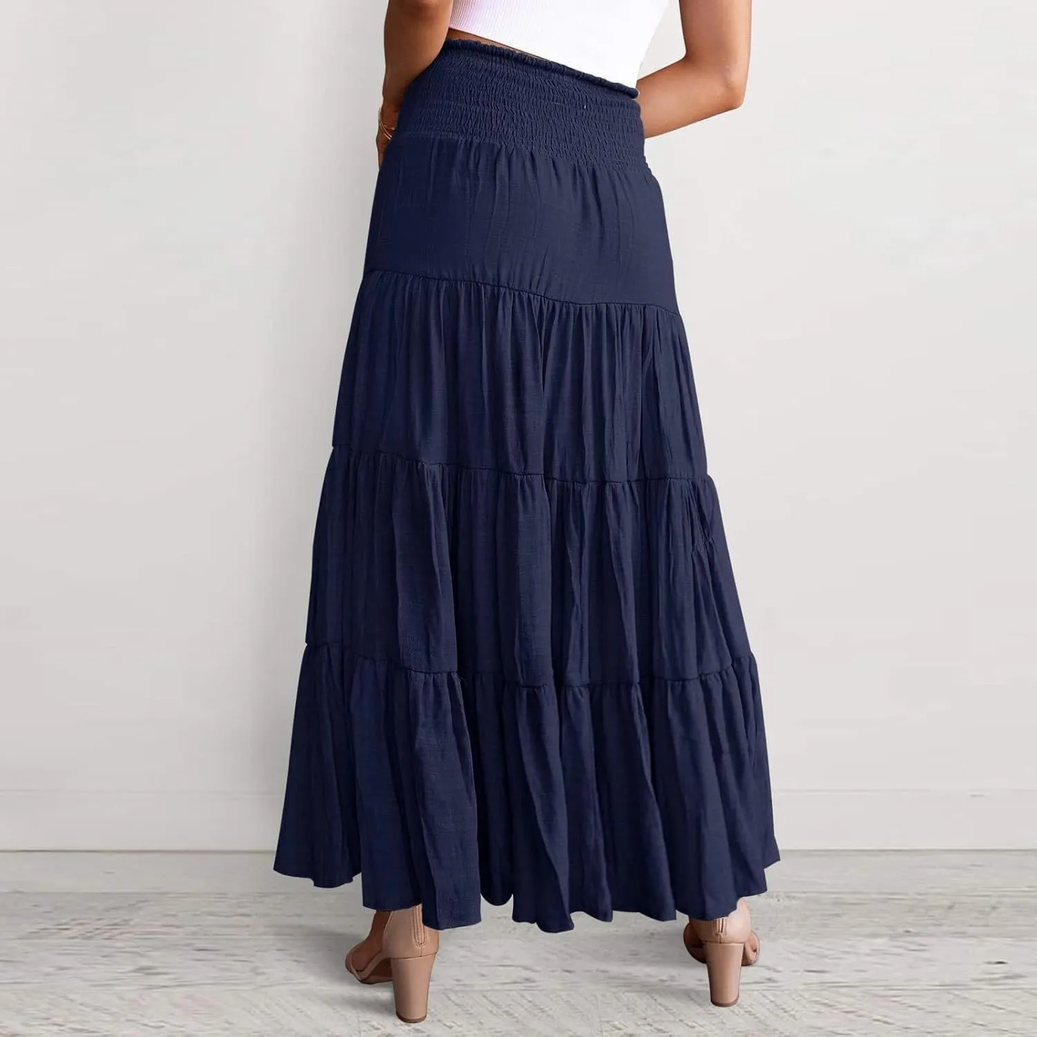 Midi Skirts Womens Boho Elastic High Waist Pleated A-Line Flowy Swing Asymmetric Tiered Maxi Long Skirt Dress